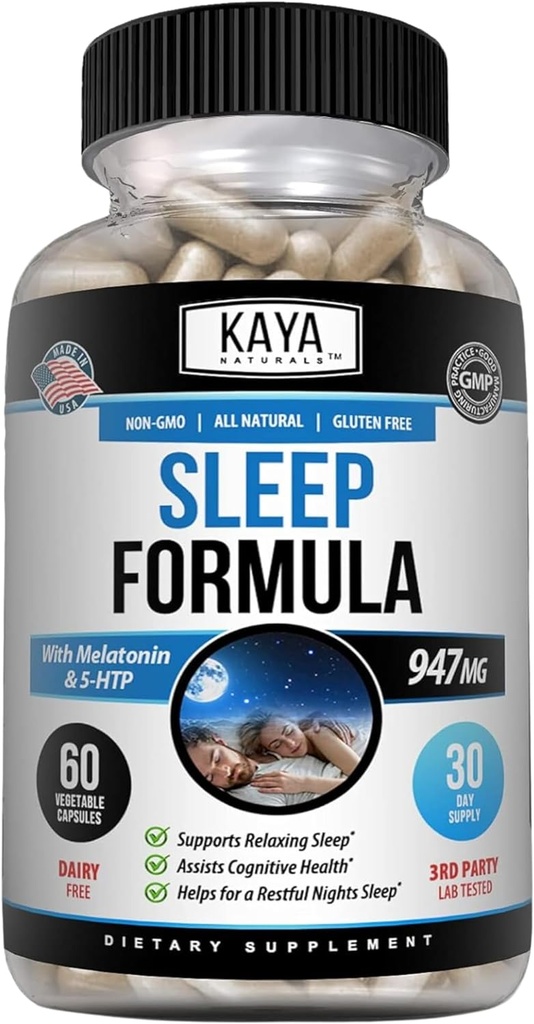 Kaya Naturals - Sleep Support Formula with Melatonin - Aid Support Vitamin Supplement - Sleep Stress and Mood Support - L-Tryptophan, Passion Flower, Ashwagandha and More - 60 Capsules (60 Count)