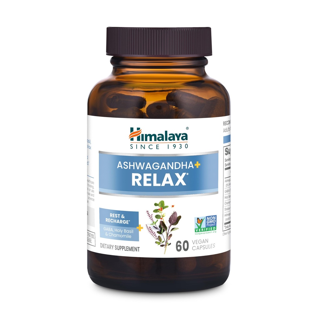 Himalaya Ashwagandha+ Relax, GABA, Kutsal Basil & Chamomile, Rahatlama ve Stres Yardımı, Vegan, Gluten Free, 540 mg, 60 Vegetarian Capsules, 1 Ay Supply