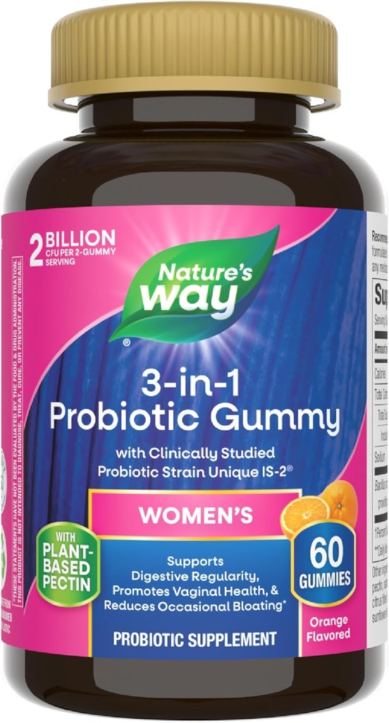 Nature's Way 3-in-1 Women's Probiyotik Gummies, Reduces Occasional Bloating*, Supports Digestive & Vaginal Health*, Klinik olarak Sunulan Probiyotik Strain, Gluten Free, Orange Flavored, 60 Gummies
