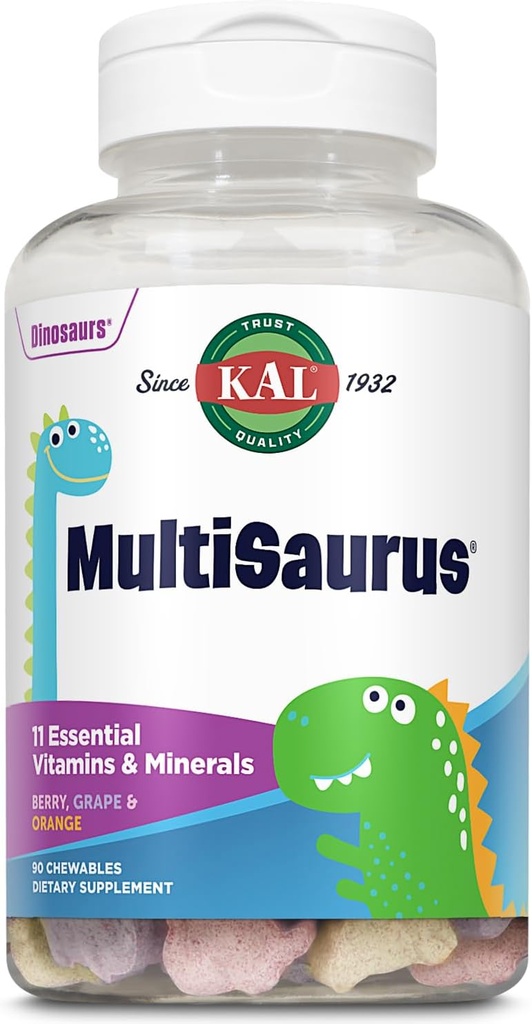 KAL MultiSaurus Kids Chewable Multivitamins, 11 Temel Vitaminler ve Çocuklar için Mineraller, Berry, Grape, Orange Chewables, Gluten ve Fructose Free, 90 Hizmet, 90 Dinozor-Shaped Chewables