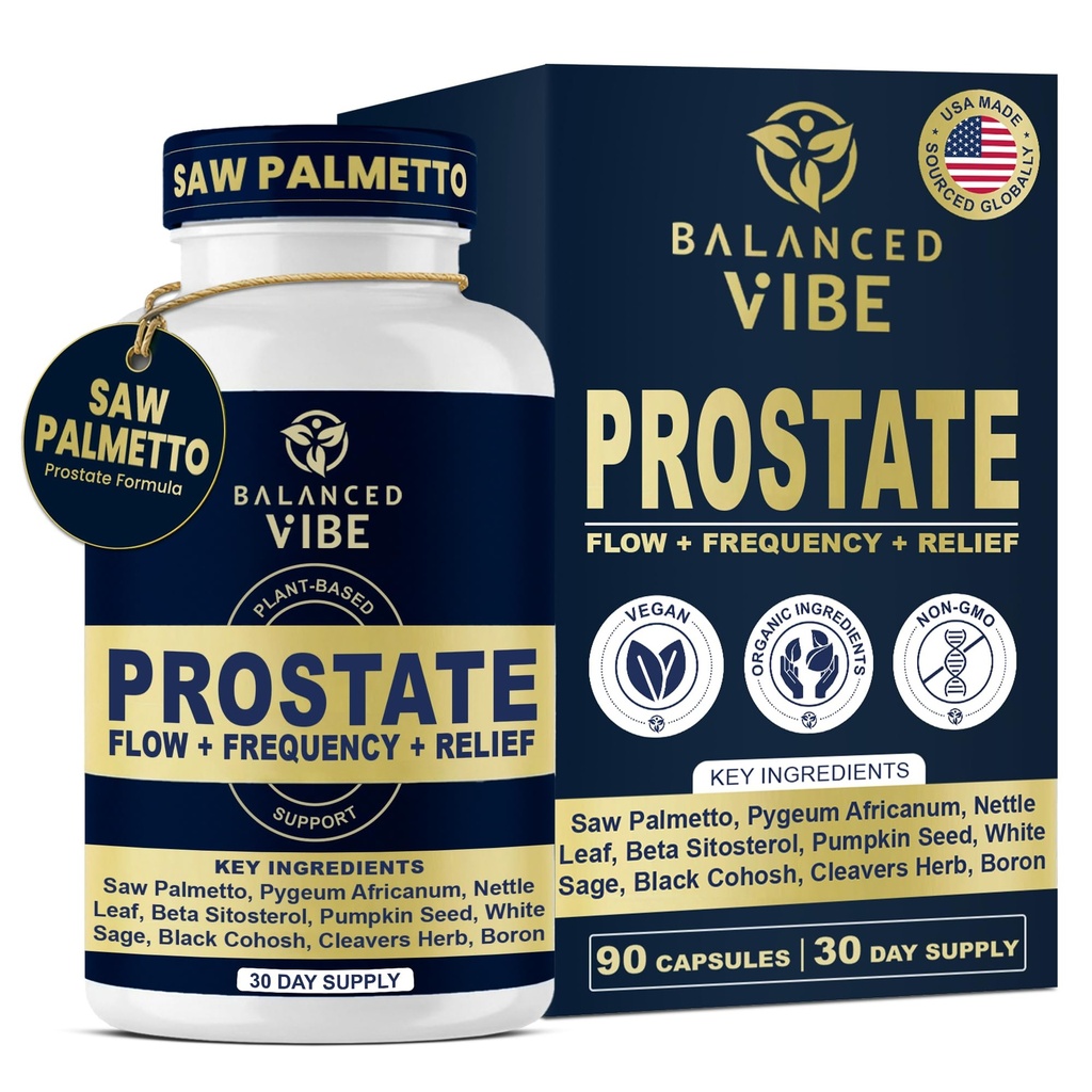 Dengeli Vibe Prostate Support Supplement for Men | Organik Plant-Based Formula with Saw Palmetto, Pygeum & Beta-Sitosterol | Supports Flow & Comfort, Day and Night | 90 Vegan Capsules