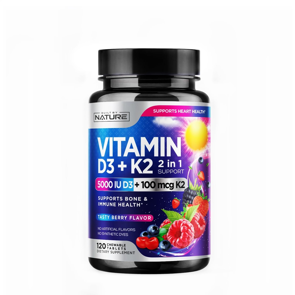 Βιταμίνη D3 K2 – Μασώμενη Βιταμίνη D 5000 IU & K2 MK-7 100 mcg – 2 σε 1 Βιταμίνη D K2 Συμπληρώματα Μασάμες - Ανοσοποιητική, Καρδιά, & Υποστήριξη των Οστών – Μη ΓΤΟ - Νόστιμο Berry Flavor - 120 Μασώμενα δισκία