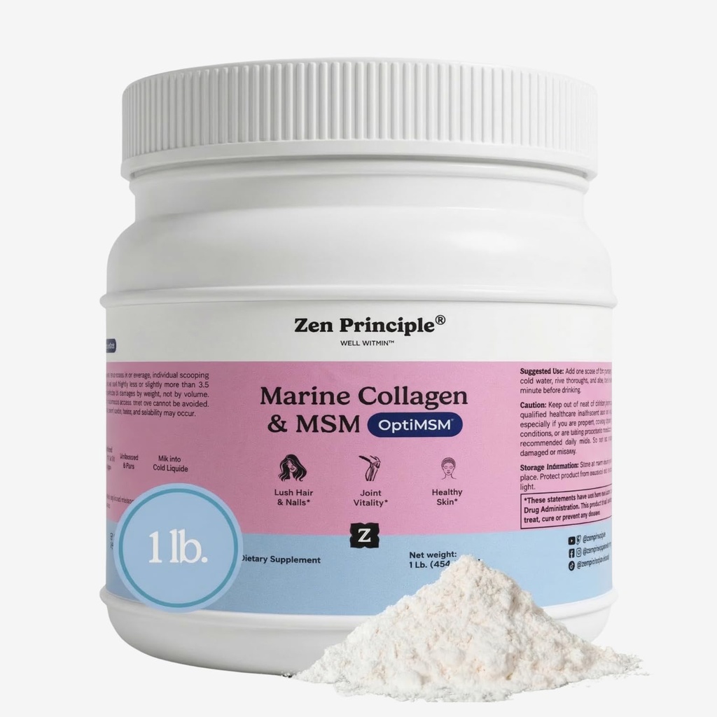 Zen Principles Marine Collagen. Toz OptiMSM® Supplement ile. Klinik olarak Skin Support için test edildi. Wild-Caught Fish, Non-GMO. Konteyner 16 oz