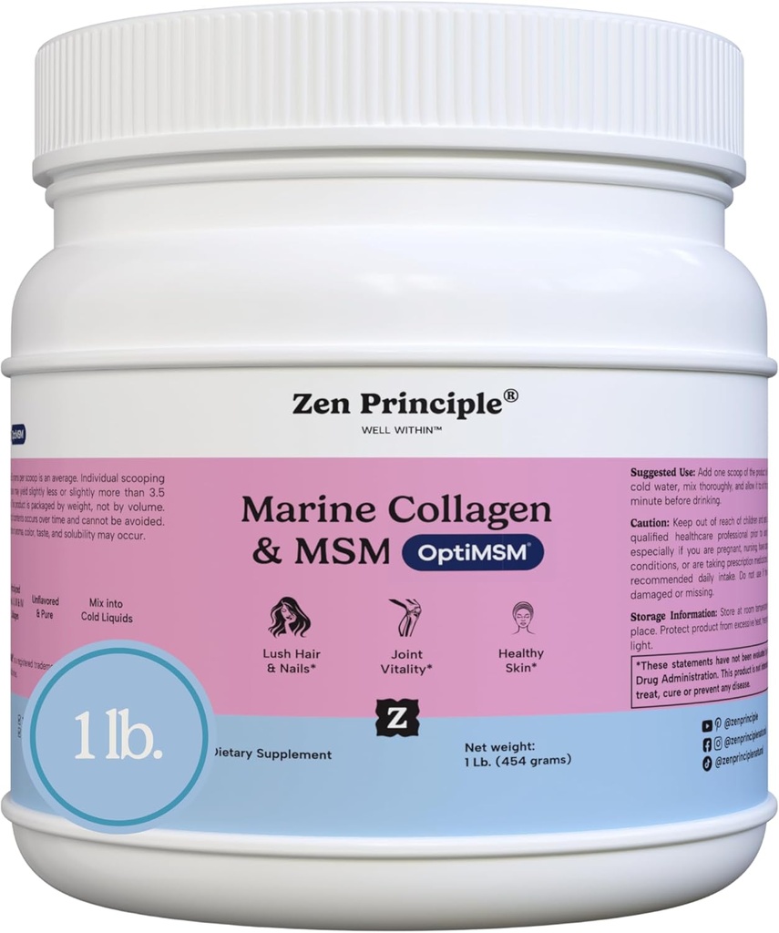 Zen Principles Marine Collagen. Toz OptiMSM® Supplement ile. Klinik olarak Skin Support için test edildi. Wild-Caught Fish, Non-GMO. Konteyner 16 oz
