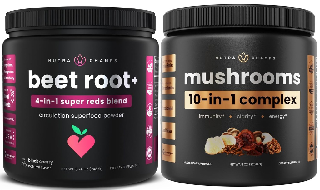 NutraChamps Beet Root+ Σκόνη & Mushroom Σκόνη: Ultimate Brain, Gut & Body Boost