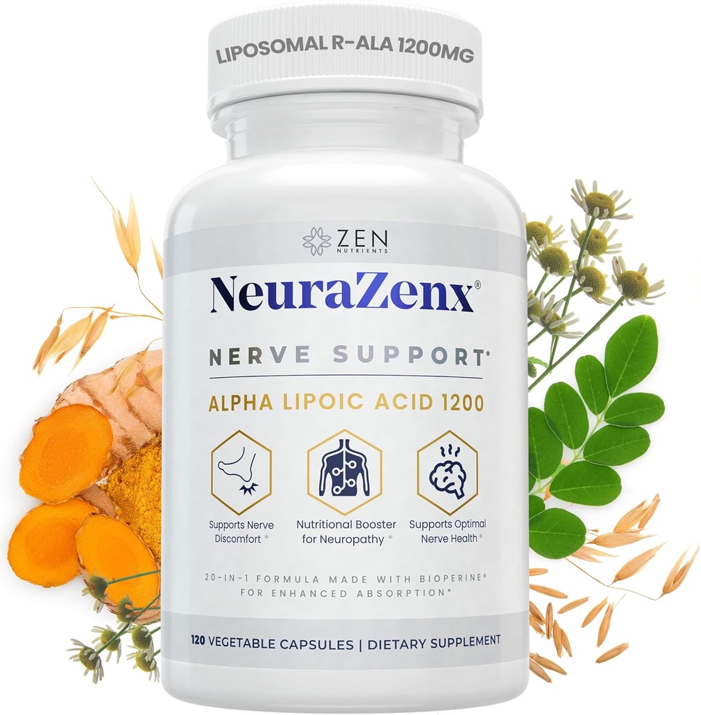 Zen Nutrients NeuraZenX Nerve Support & Peripheral Neuropati Support Supplement with 1200 mg Alfa Lipoic Acid (ALA), Benfotiamine, L-Carnitine ve Turmeric
