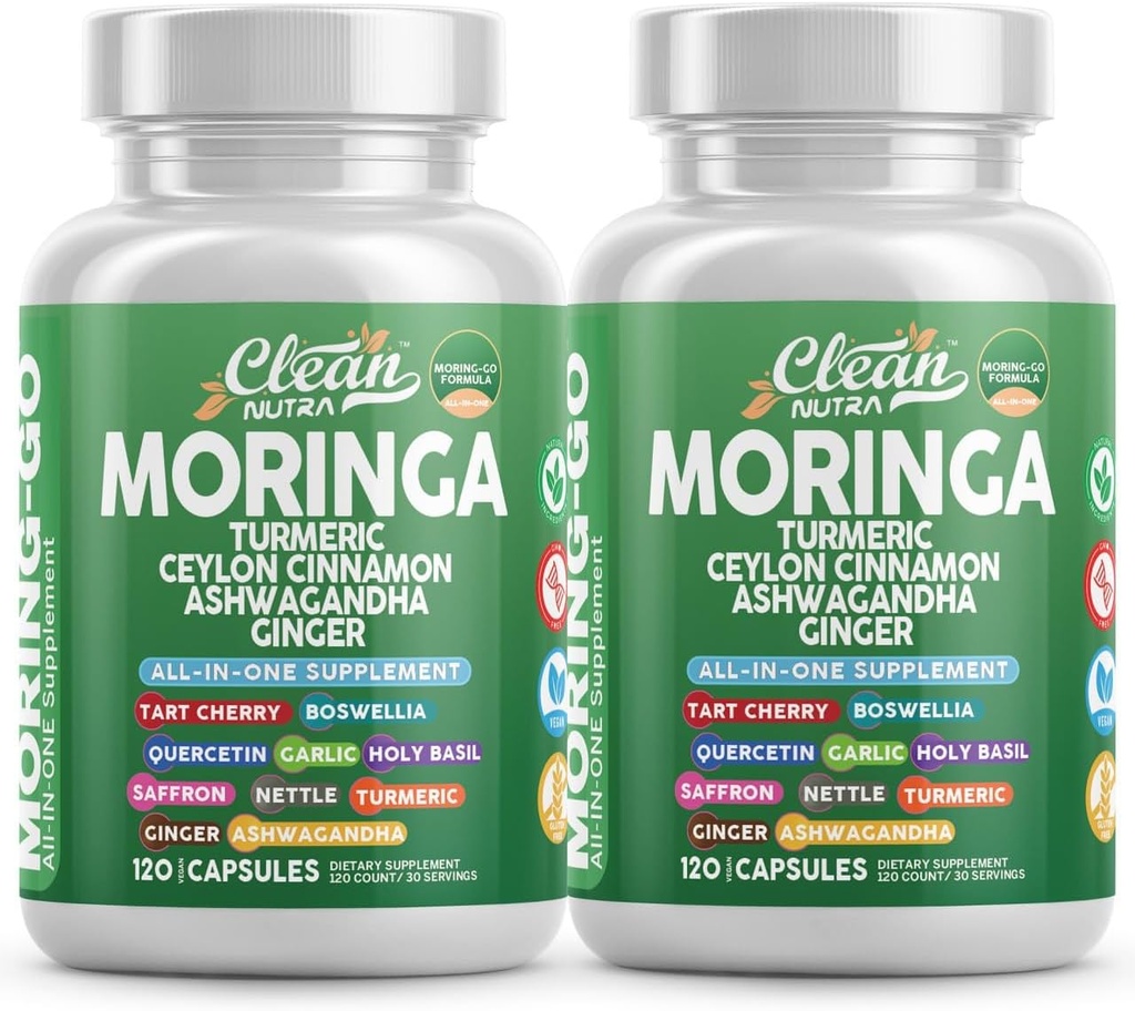 Moringa Toz Capsules + Turmeric Moringa Leaf Ceylon Cinnamon Ashwagandha Ginger Tart Cherry Boswellia Quercetin Black Holy Basil Saffron Nettle Black Pepper Moring-Go Supplement By Clean Nutra (2)