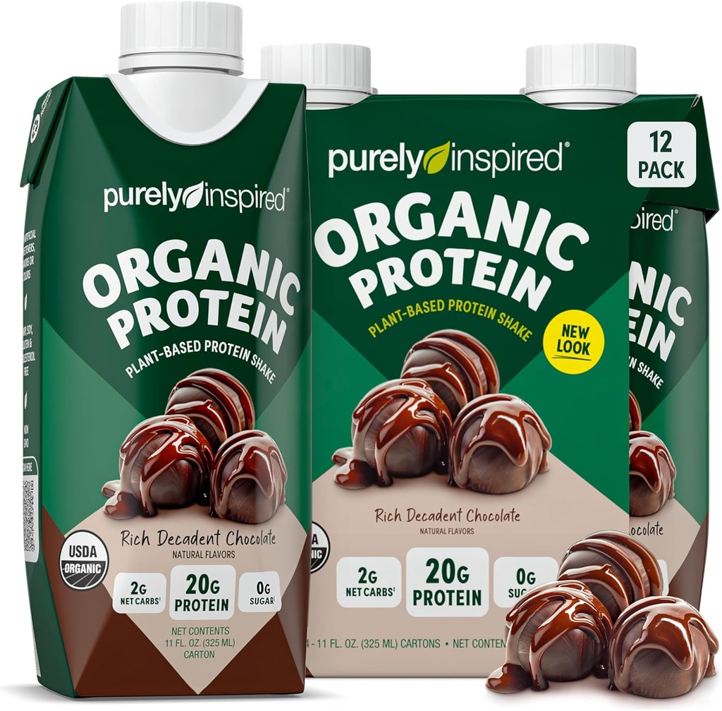 Purely Inspired Ready to Drink Organic Protein Shake, Decadent Chocolate (12 Pack) - Plant-Based RTD Nutritional Protein Drinks - Zero-Sugar & Gluten-Free Meal Replacement Drink Liquid Protein