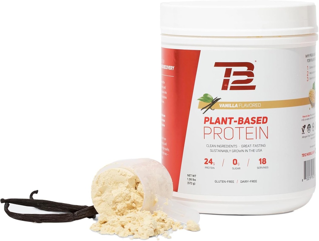 TB12 Bitki Tabanlı Protein Tozu, Sustainable Sourced Pea Protein, Vanilla, Vegan, 1g Net Carb, Non-GMO, Dairy-Free, Sugar-Free (18 hizmet / 1.26lbs)