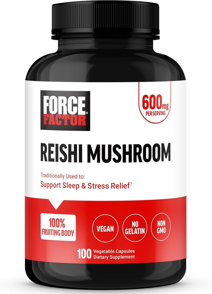 FORCE FACTOR Reishi Mushroom Supplement, Stres Yardım Tamam ve Uyku Desteği Tamam, Reishi Mushroom Extract, Vegan, No Gelatin, Non-GMO, 100 Sebze Capsules