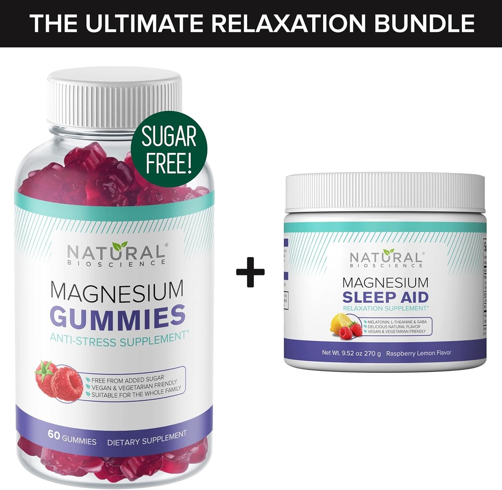 Gummies μαγνησίου χωρίς ζάχαρη (60 Gummies) και σκόνη νυκτός μαγνησίου με κιτρικό μαγνήσιο, μελατονίνη, L-Θεανίνη και GABA - Vegan, χωρίς ζελατίνη, χωρίς γλουτένη, μη GMO