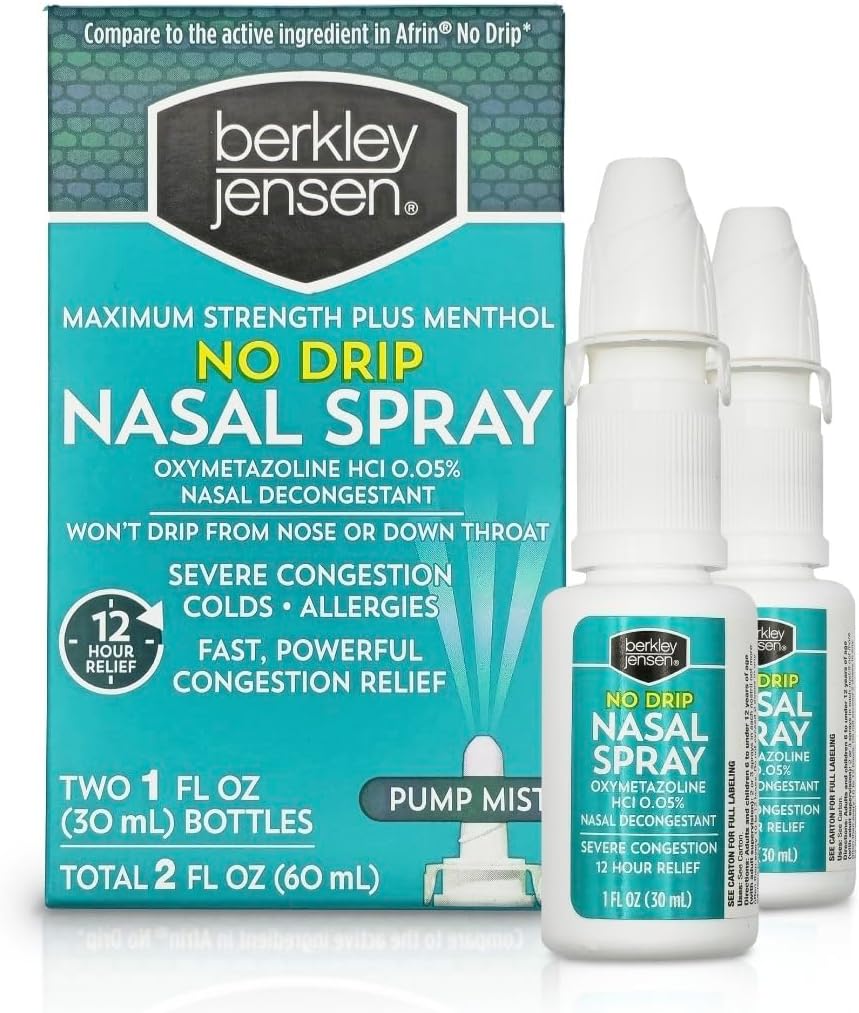Berkley jensen No Drip Σοβαρή Συμφορητική Ρινική Σπρέι - Μέγιστη δύναμη Αποσυμφορητικό με Oxymetazoline HCl & Menthol - Αντλία Mist Appicator, Χωρίς Στεροειδές, 12 ώρες ανακούφιση, 1 ρευστή ουγγιά (Pack of 2)