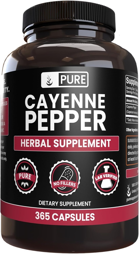 PURE ORIGINAL INGREDIENTS Cayenne Pepper (365 Capsules) Magnezyum Or Rice Fillers, Pure, Lab