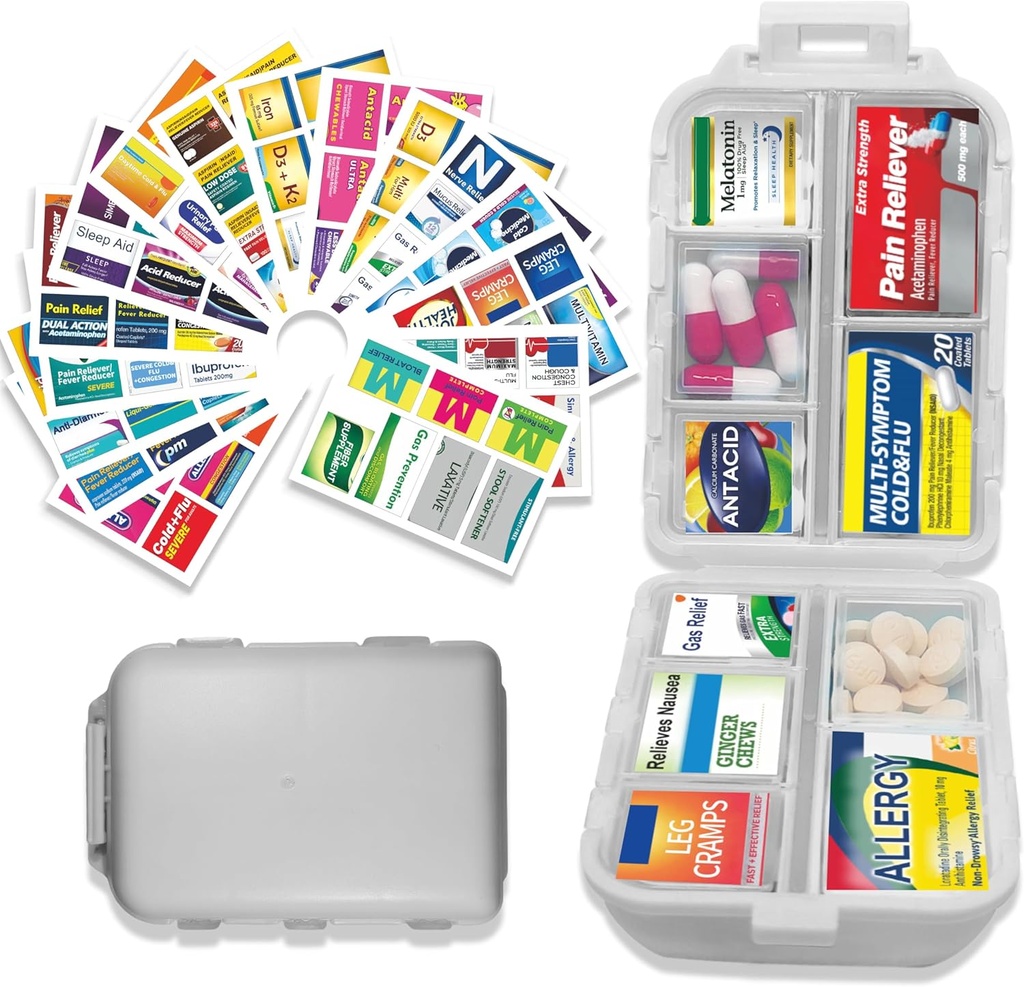 Pill Organizer with Medicine 146 Etiketler Seyahat Günlük Pill Konteyner Mini İlaç Organize Depolama Pill Organizer Travel Essentials Pill Case 7 Day (Grey, 1 Pack-Large)
