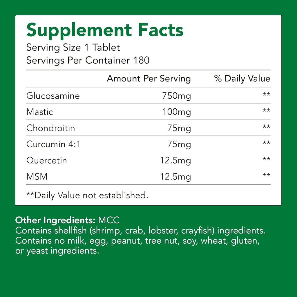 Premium Glucosamine + Chondriotin + MSM + Mastic + Curcumin (750 mg) | Bone & Ortak Sağlık (1 Şişe-180 Capsules-6mo Supply) | Ortak Destek için Vitamin | Non-GMO & Gluten Free