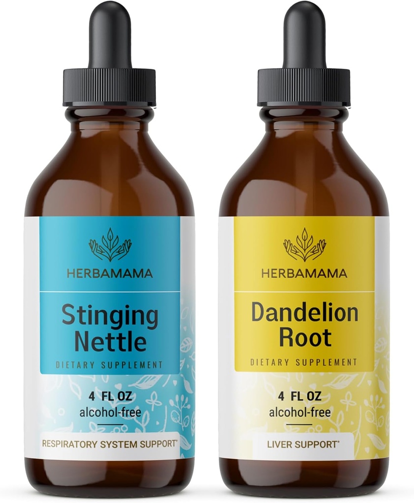 HERBAMAMA Herbal Liquid Drops Kit - Sting Nettle & Dandelion Root Tincture 4 fl oz - Vegan, Non-GMO, Sugar & Alkol-Free - 2 Pack
