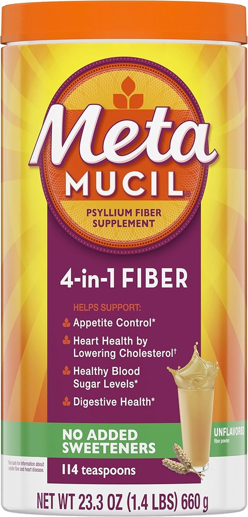 Metamucil Fiber, 4-in-1 Psyllium Fiber Supplement, Sugar Free Toz, Unflavored Drink, 114 Hizmet (Pazar Mayıs Vary)