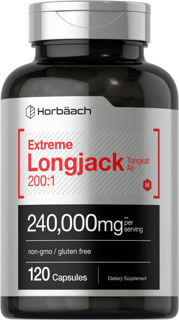 Horbäach - Longjack Tongkat Ali | 240,000 mg (200:1 Potent Ekstraksiyon) | 120 Capsules | Extreme Male Performance Supplement | Super Tempd Herbal Extract Formula | Non-GMO & Gluten Free Pills