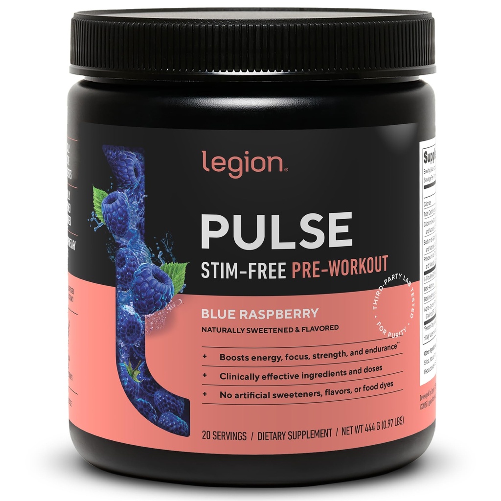 LEGION Pulse Pre Workout Supplement - All Natural Nitric Oksit Preworkout Drink to Boost Energy, Kretine Free, Doğal olarak Sweetized, Beta Alanine, Citrulline, Alpha GPC (Caffeine Free Blue Razz)