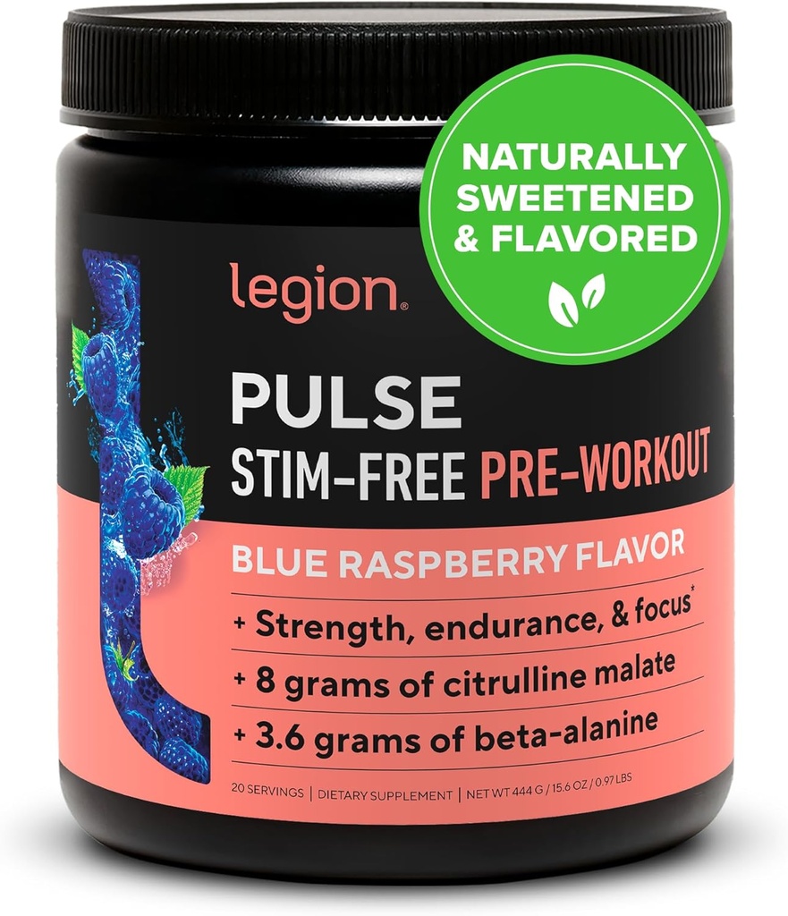 LEGION Pulse Pre Workout Supplement - All Natural Nitric Oksit Preworkout Drink to Boost Energy, Kretine Free, Doğal olarak Sweetized, Beta Alanine, Citrulline, Alpha GPC (Caffeine Free Blue Razz)
