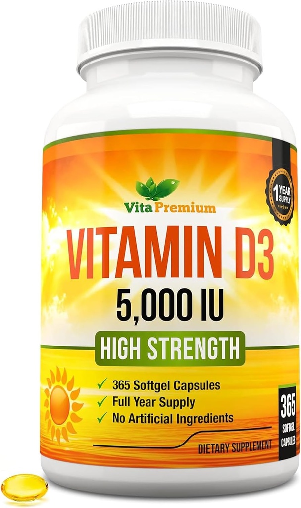 Βιταμίνη D3 5000 IU, 365 Easy-Swallow Softgels, Υψηλής αντοχής Βιταμίνη D 5000 IU συμπλήρωμα - Πλήρες έτος προσφοράς