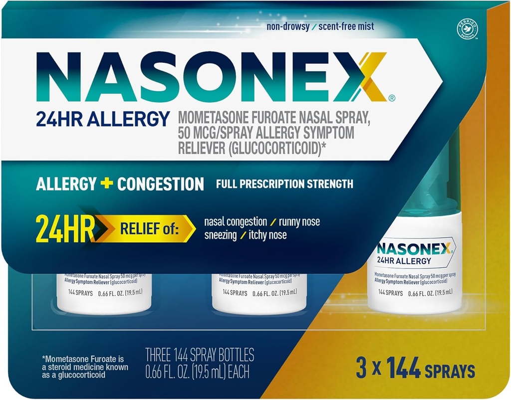 Nasonex 24HR Αλλεργικό Nasινικό σπρέι, μη υπνηλία, άρωμα-free Mist, Αλλεργία συμπτώματα + Nasνική συμφόρηση, Πλήρης δύναμη συνταγής, 120 σπρέι (3 Pack)