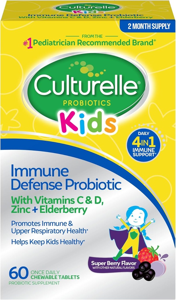 Culturelle Immune Defense Probiyotik ile C vitamini, Vitamin D ve çinko + Elderberry, Non-GMO, 4-in-1 Immune Support for Kids Ages 3+*, Karma Berry Chewables, 60 Count