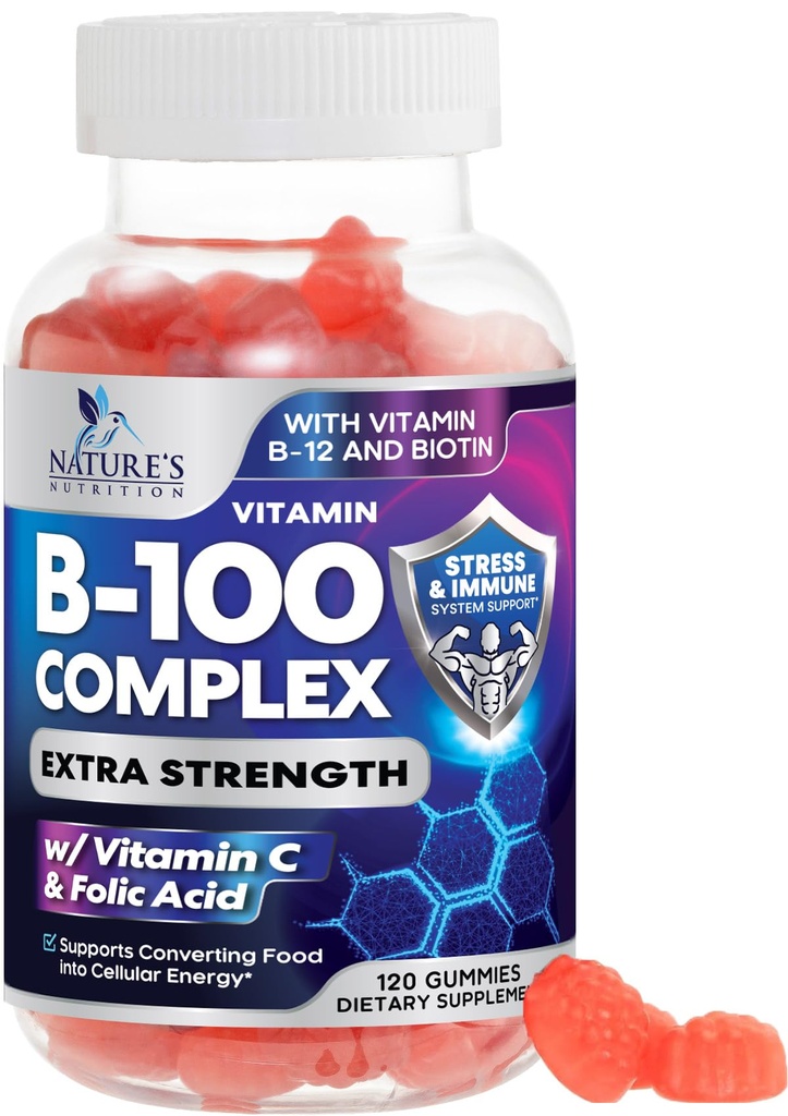 B Complex Supplement Gummies with Vitamin C & Folic Acid, Ekstra Güçlü Super Vitamin B Gummy with Niacin, B6, Folic Acid, B12, Biotin, Nature's Energy Immune Support Supplements - 120 Gummies