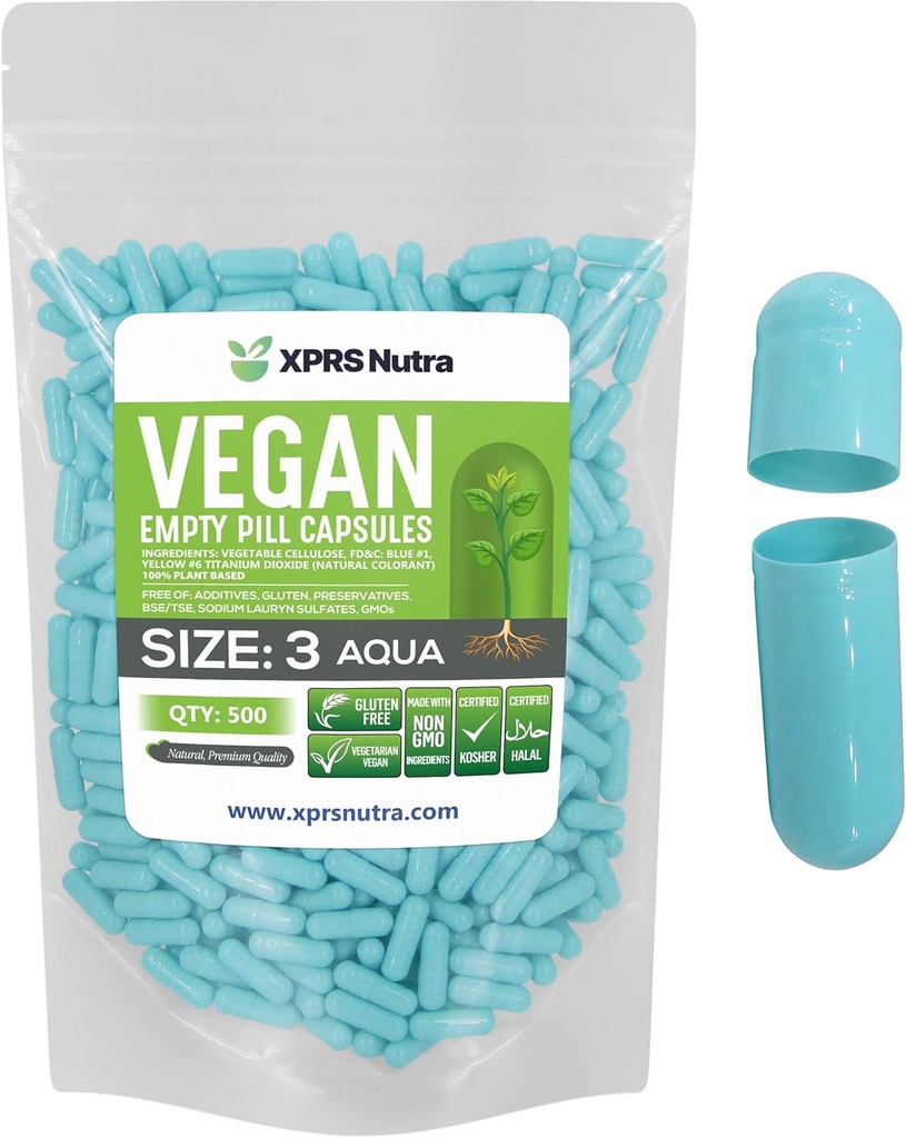 XPRS Nutra Boyutu 3 Boş Kapsüller - 500 Kont Boş Vegan Pills - Vejetaryen Pill - DIY Sebze Kapsülü - Veggie Pill Caps (Aqua)