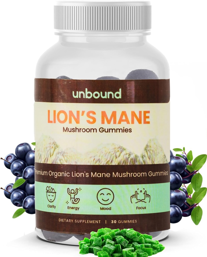 Χωρίς περιορισμούς Premium Organic Lion's Mane Mushroom Gummies, Blue Raz Flavored, 60 Μαλακές Μασούσες