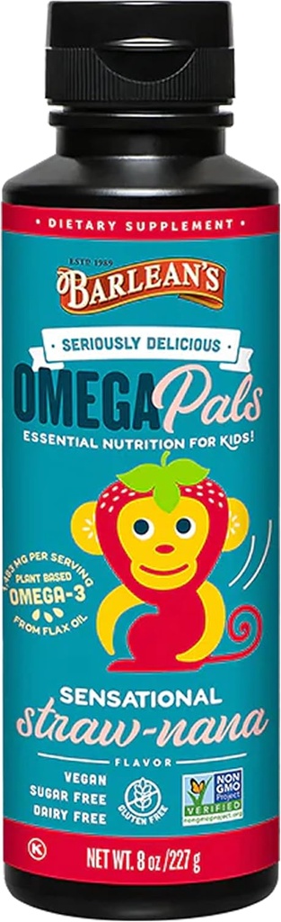 Barlean'ın Omega Pals Omega 3 for Kids, Yummy Straw-Nana Flavored Children's Liquid Flax Seed Oil Supplement with 1.483 mg ALA, Non-GMO, Vegan Beyin ve Göz Sağlığı, 8 oz