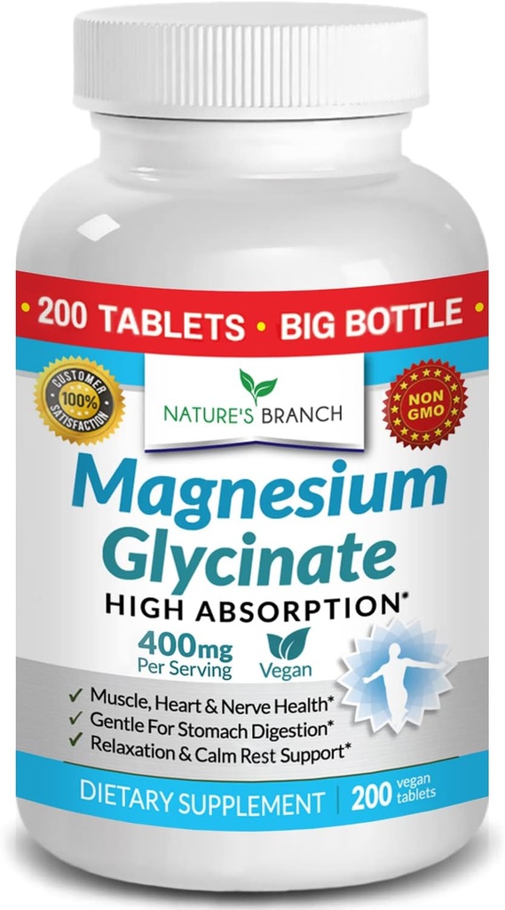 Magnezyum Glycinate 400 mg - 200 Tablet - Yüksek Absiyon, Buffered Bisglycinate Mag Supplement for Sleep, Leg Cramps, Heart, Ease Muscles, Calm Headaches for Women and Men, Non Toz Capsules