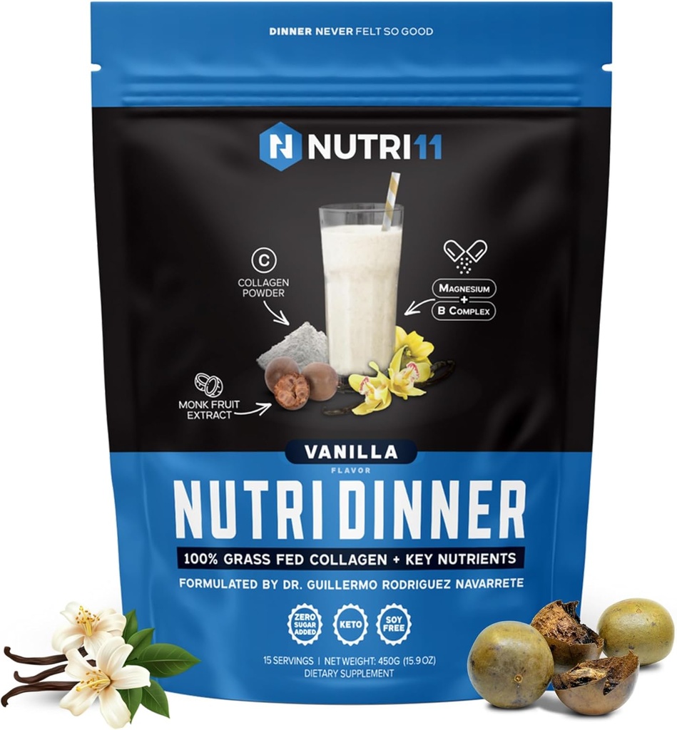 NutriDinner by Nutrillermo | Grass-Fed Collagen protein Toz | Magnezyum B-Vitamins | Collagen Supplement for Sleep and Recovery (14,9, Vanilla)