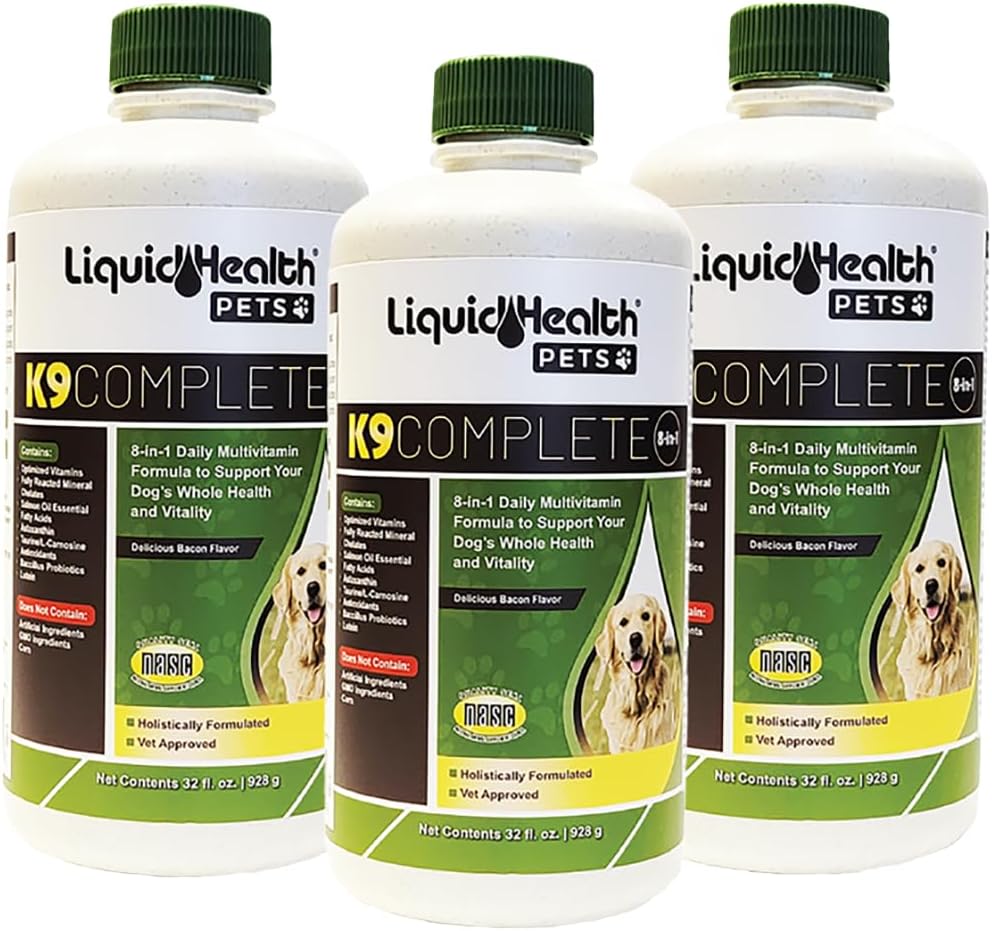 LIQUIDHEALTH Evcil hayvanlar K9 Yetişkin Senior Dogs & Puppies için 8-in-1 Sıvı Çokvitamin, Tek Bir Tamam Formula'de Hepsi Skin & Coat, Ortak Sağlık, Immune Support - USA Made (3 Pack)