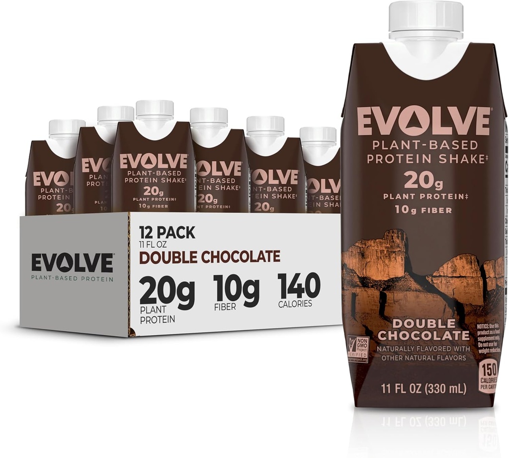 Evolve Plant Based Protein Shake, Double Chocolate, 20g Vegan Protein, Süt Free, No Yapay Sweeteners, Non-GMO, 10g Fiber, 11 Fl Oz ( 12. paketi) - (Formula Vary)