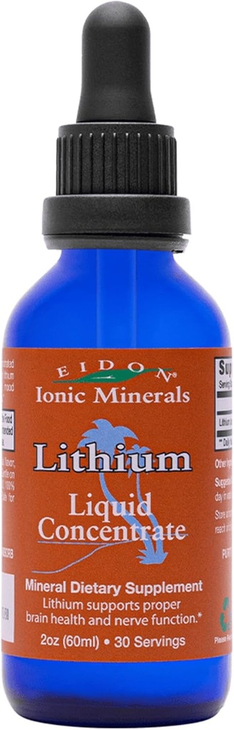 Eidon Ionic Minerals Liquid Lityum - Lityum Chloride Drops Supplement, Minerals Drops for Water, Brain Health, Support Cognition, Assist in B12 ve Folate Transport, 2 oz.