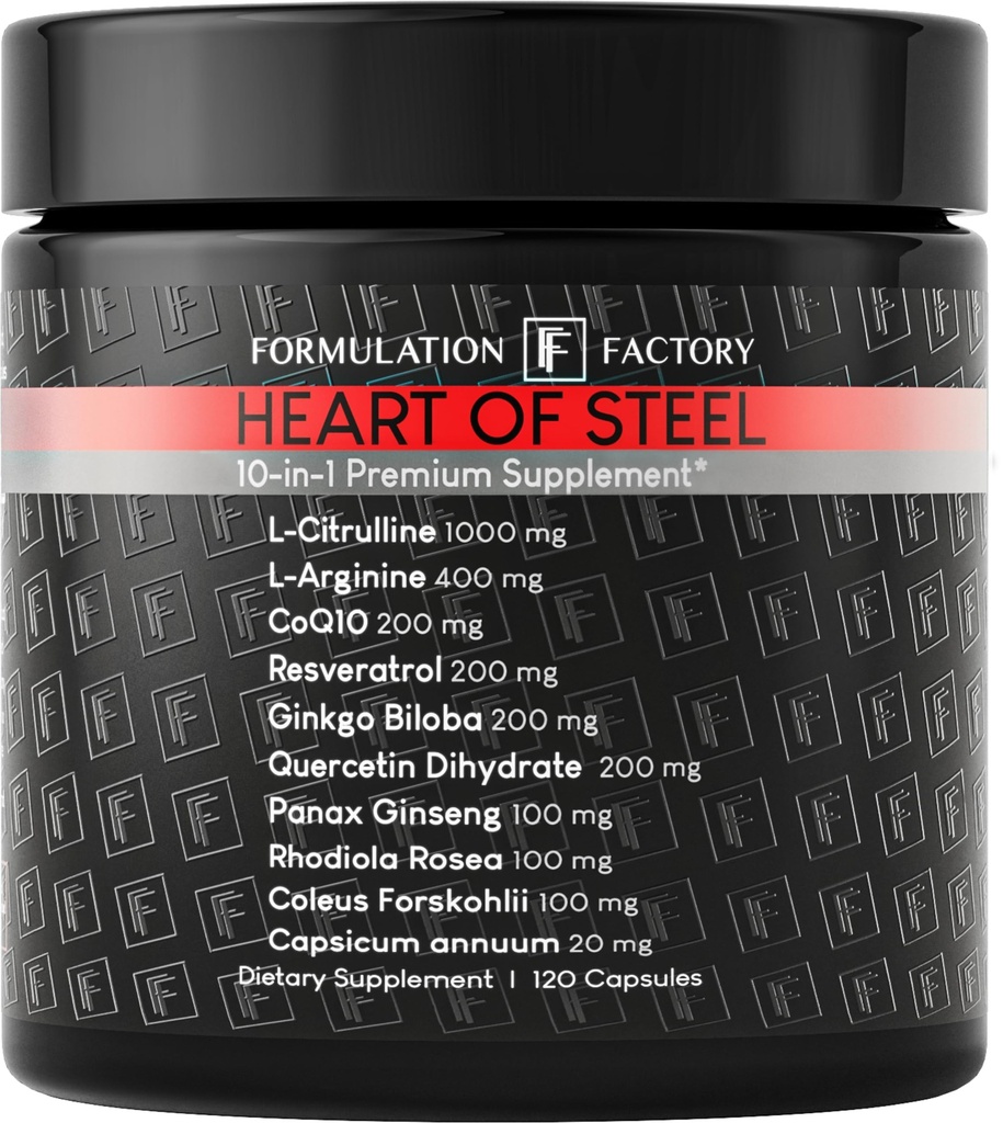Formültion Factory Heart of Steel: 10in-1 Metabolic Maximizer Nitrik Oksit Supplement, Blood Basınç Desteği, L Arginine, L Citrulline Natural Pre-Workout: Enerji Yönetimi 120 Kont