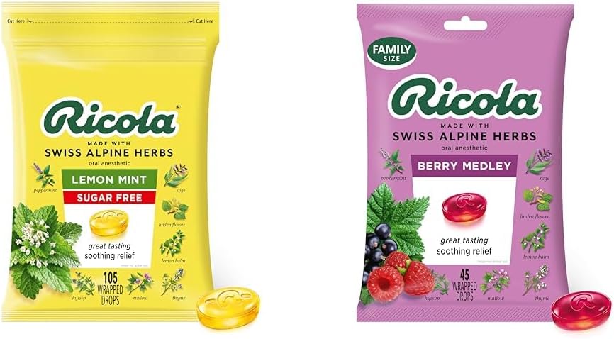 Χωρίς ζάχαρη Ricola 105ct Μέντα λεμόνι & 45ct Berry Medley Lroat Drops Bundle