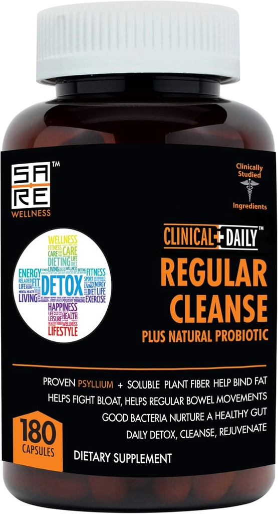 Clinical Daily Regular Cleanse Plus Natural Probiotic - Colon Cleanse & Gut Detox Supplement - Assists with Energy and Constipation Relief - Herbal Dietary Fiber Psyllium Husk Capsules - 180 Count