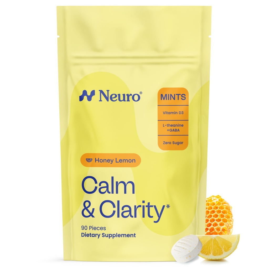 NöroGum Calm & Clarity Mints (Honey Lemon, 90 Adet) | GABA + L-Theanine + Vitamin D3 | Sugar Free Mood & Stress Relief Supplement