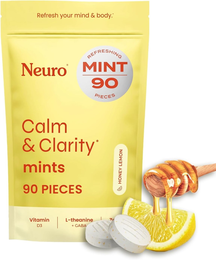 NöroGum Calm & Clarity Mints (Honey Lemon, 90 Adet) | GABA + L-Theanine + Vitamin D3 | Sugar Free Mood & Stress Relief Supplement