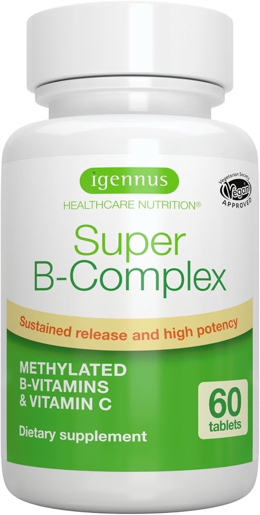 Igennus Super B-Complex Torchated B Vitamins, All Day Nutrient Delivery, Clean Label, MTHFR Supplement with Mefolate & B12 Mecobalamin, Vegan, Lab TY 60 Küçük Tabletler,