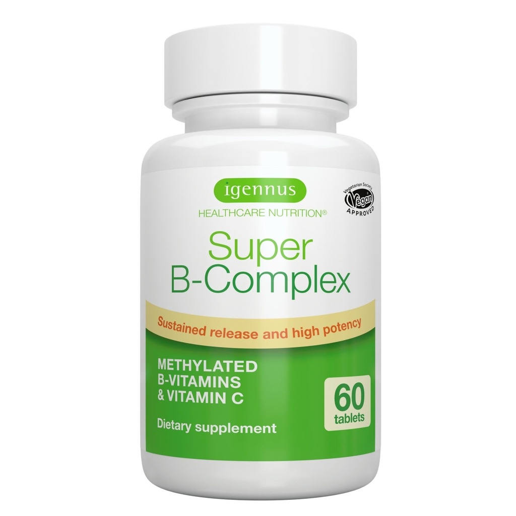 Igennus Super B-Complex Torchated B Vitamins, All Day Nutrient Delivery, Clean Label, MTHFR Supplement with Mefolate & B12 Mecobalamin, Vegan, Lab TY 60 Küçük Tabletler,
