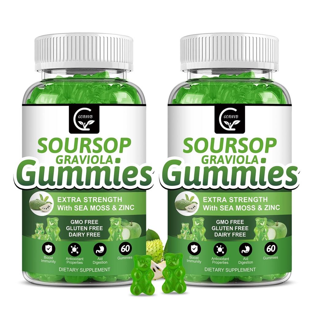 (2 Pack) Σούρσοπ Graviola Gummies - 2200mg Extra Strength Soursop Leaves Extract w/Sea Moss Extract 200mg, Ψευδάργυρος & Βιταμίνη C - Υποστηρίζει Ανοσία, Ήπαρ & Πεπτικό, Χωρίς Γλουτένη, Vegan, 120 Gummies