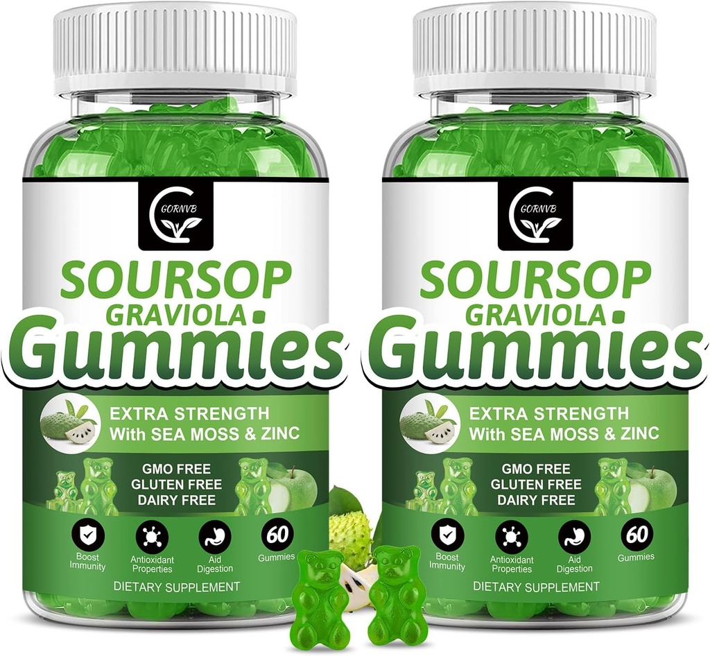 (2 Pack) Soursop Graviola Gummies - 2200 mg Ekstra Kuvvet Soursop 200 mg, çinko & Vitamin C - Destekler Immunity, Liver & Digestive, Gluten Free, Vegan, 120 Gummies