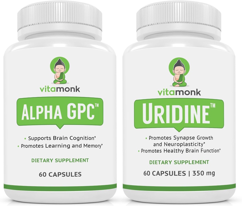 VitaMonk Alpha GPC ve Uridine Stack - Mr Happy Stack - Uridine Monofoz ile Uridine - Bio available Choline Supplements Cognition, Focus, mental Clarity