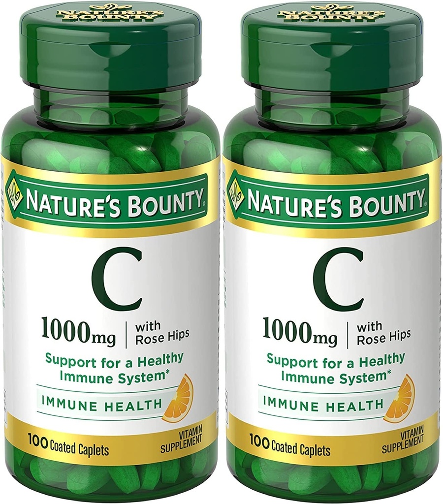 Nature's Bounty Vitamin C + Rose Hips, Immune Support, 1000 mg, Cover Caplets, 100 Ct - Pack of 2