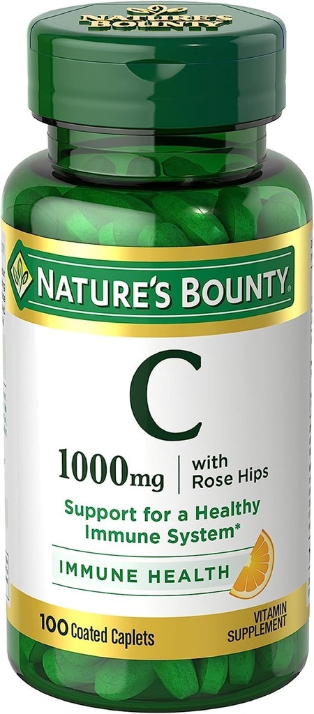 Nature's Bounty Vitamin C + Rose Hips, Immune Support, 1000 mg, Cover Caplets, 100 Ct - Pack of 2