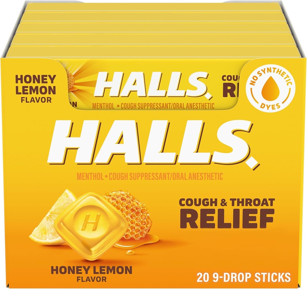 HALLS Cough ve Throat Relief Honey Lemon Cough Drops, 9 (180 Total Drops) 20 Sticks