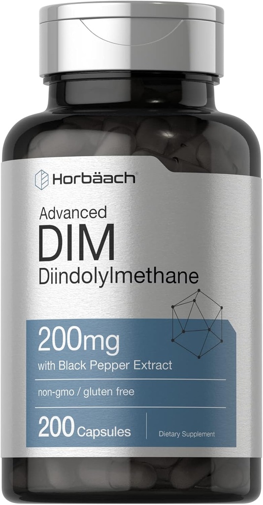 Horbäach DIM Supplement for Women and Men | 200 mg | 200 Capsules | Gelişmiş Diindolylmethane | Black Pepper Extract | Non-GMO, Gluten Free Free